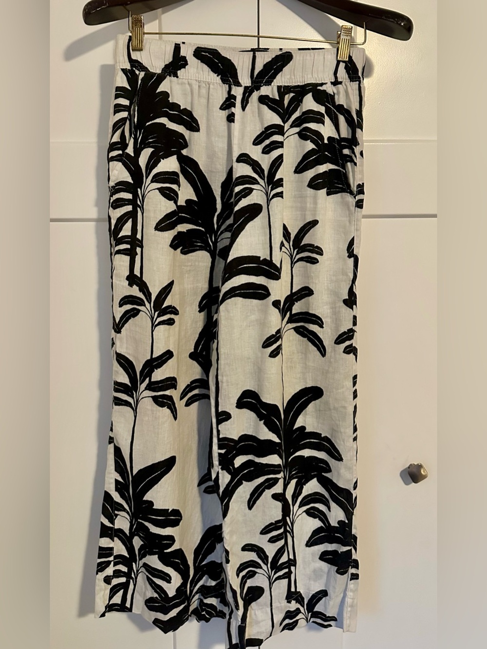 Tahari Black and Cream 100% Linen Wide-Leg Pants